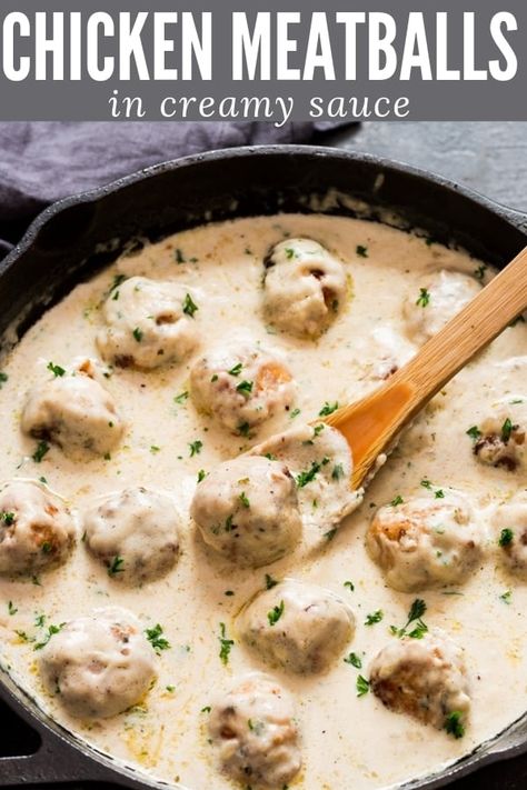 Perfectly flavored, juicy meatballs swimming in sensational creamy sauce. It’s so good to be eaten with over your favorite pasta or noodles. #chickenmeatballs #meatballrecipe #meals #creamsauce #meatballs #Parmesancheese #weeknightdinner #chickendinner #familyfavoritedinner #kidsfavoriterecipe Meat Ball Dinner, Meat Ball Dinner Ideas, Cold Appetizers Easy, Ground Chicken Meatballs, Juicy Meatballs, Chicken Meatball Recipes, Meatball Sauce, Easy Cold, Chicken Meatballs