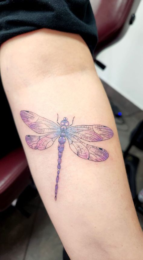 Dragonflies Of The World | This Is My Dragonfly Tattoo That I Had Created Pink Dragonfly Tattoo, Cartoon Dragonfly Tattoo, Dragonfly Tattoo With Color, Dragon Fly Tattoo Color, Dragonfly Shoulder Tattoo, Colored Dragonfly Tattoo, Purple Ink Tattoos, Purple Dragonfly Tattoo, Dragonfly Wings Tattoo