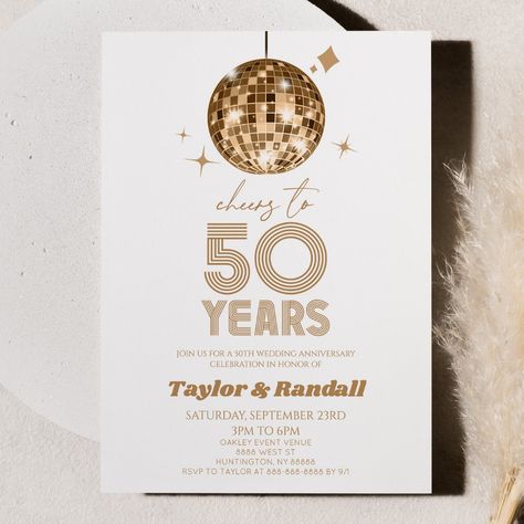 Disco Ball Cheers To 50 Years Wedding Anniversary Invitation Anniversary Party Themes, 10th Wedding Anniversary Party, Pub Mirror, 60th Wedding Anniversary Party, 10 Year Anniversary Party, 15 Year Wedding Anniversary, Gold Disco Ball, 50th Party Ideas, 50th Year Wedding Anniversary