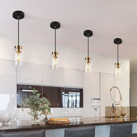 Seeded Glass Pendant Light, Seeded Glass Pendant, Lights Over Kitchen Island, Modern Kitchen Lighting, Kitchen Island Lights, Island Light Fixtures, Black Kitchen Island, Gold Pendant Lighting, Farmhouse Kitchen Island