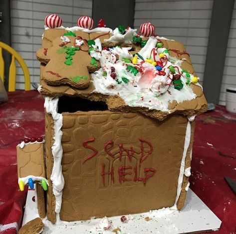 Gingerbread House Horrors Stone Gingerbread House Ideas, Trap House Gingerbread House, Gingerbread House Themes Funny, Horror Gingerbread House, Emo Gingerbread House, Gingerbread Trap House, Weird Gingerbread Houses, Ginger Bread House Contest Ideas, Gingerbread House Ideas Creative Funny