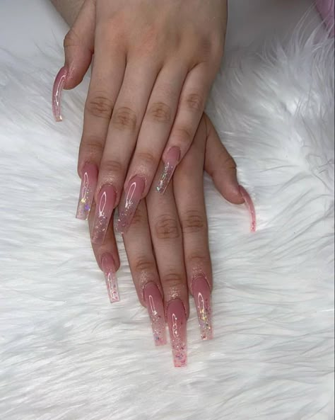 Transparent Pink Nails Acrylic, Transparent Pink Nails, Girls Nail Designs, Diy Acrylic Nails, Ombre Acrylic Nails, Glamour Nails, Really Cute Nails, Acrylic Nails Coffin Pink, Long Square Acrylic Nails