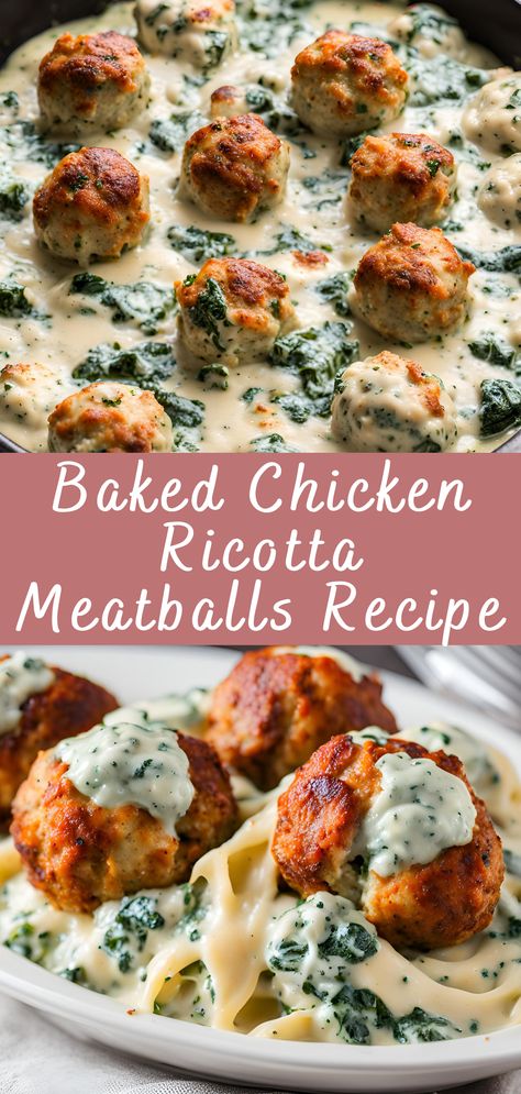 Baked Chicken Ricotta Meatballs Recipe with Spinach Alfredo Sauce | Cheff Recipes Baked Chicken Ricotta, Garlic Alfredo Chicken Meatballs, Baked Chicken Ricotta Meatballs With Spinach Alfredo Sauce, Chicken Meatballs With Spinach, Ricotta Recipes Appetizers, Baked Chicken Ricotta Meatballs With Spinach Alfredo Sauce Pasta, Baked Chicken Ricotta Meatballs Recipe, Creative Meatball Recipes, Chicken Ricotta Meatballs With Spinach Alfredo Sauce