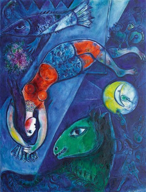 Marc Chagall (1887-1985), The Blue Circus, 1950-1952, oil on canvas, 232.5 × 175.8 cm. Nice, Musée national Marc Chagall, on deposit from the Musée national d’art moderne – Centre Pompidou, Paris. © SODRAC & ADAGP 2017, Chagall ®. Artist Chagall, Chagall Paintings, Marc Chagall, Edgar Degas, Canadian Art, Henri Matisse, Pablo Picasso, Claude Monet, Art Moderne