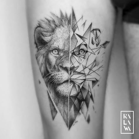 half-geometrical-half-lion-head-lion-sleeve-tattoo-thigh-tattoo-black-and-white-photo Lion Hand Tattoo, Geometric Lion Tattoo, Tier Tattoo, Iris Tattoo, Geometric Lion, Lion Head Tattoos, Kunst Tattoos, Lion Tattoo Design, Leo Tattoos