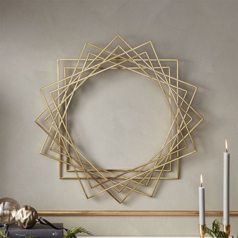 Shop Brass Geometric Wreath.   Metal rod squares stack and rotate to create multi-dimensional depth and movement.  Finished shiny gold, geometric wreath hangs sculpture-like on the wall or door.  Drape with fresh greens or our sprinkle line lights for extra cheer.  CB2 exclusive. Geometric Wreath, Diy Wall Art Decor, Geometric Drawing, Geometric Wall Decor, Diy Boho, Craft Room Decor, Diy Crafts Room Decor, Diy Mirror, Diy Crafts For Home Decor