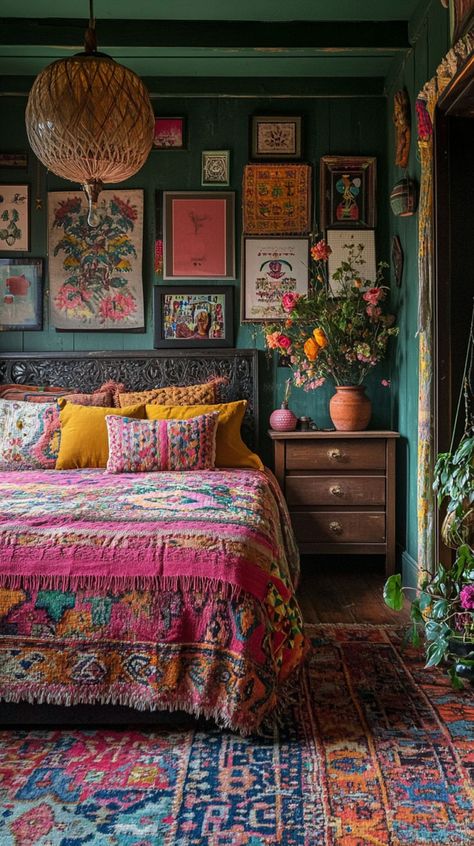 Discover stunning boho bedroom ideas that will transform your space into a cozy and stylish retreat. Incorporate natural elements, warm colors, and eclectic decor to achieve the perfect bohemian vibe in your bedroom. Maximalist Decor Bedroom, Maximalist Decor Eclectic, Maximalist Bedroom Ideas, Jewel Tone Bedroom, Dark Boho Bedroom, Maximalist Bedroom, Eclectic Decor Bedroom, Textured Wall Panels, Boho Style Bedroom