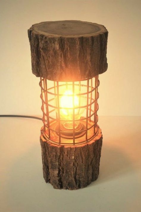 Rustic Log Lamp with Metal Cage - #TableLamps #Bedroomdecor #Bedside #Diylighting #Edison #Farmhousedecor #Handmadelighting #Kitchendesign #Lamp #Led #Lightbulb #Lighting #Lightingdesign #Metallic #Recycle #Rusticlighting #Steampunk #Steel #Vintagelighting #Woodworking (source: idlights.com) Log Lamp, Unique Bedside Tables, Wooden Lamps Design, Handcrafted Lamp, Lamp Makeover, Industrial Desk Lamp, Table Top Lamps, Bedroom Light Fixtures, Wooden Table Lamps