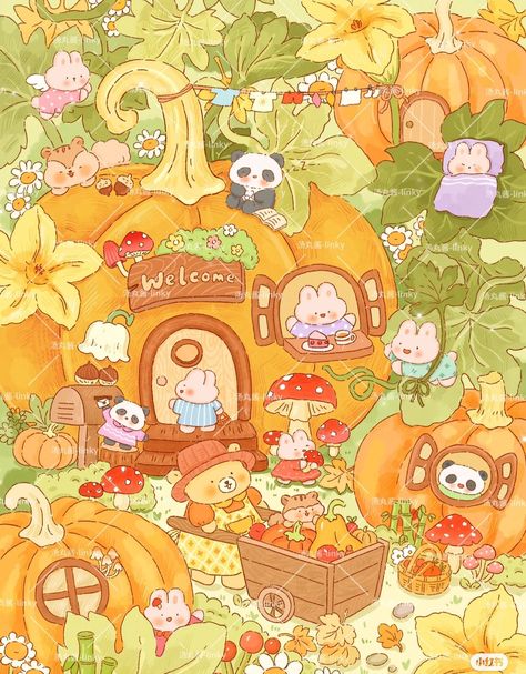 Cottagecore Cartoon, Cartoon Town, Town Drawing, Village Drawing, Chinese Illustration, Peach Aesthetic, Fantasy Background, Kitty Drawing, Hello Kitty Drawing