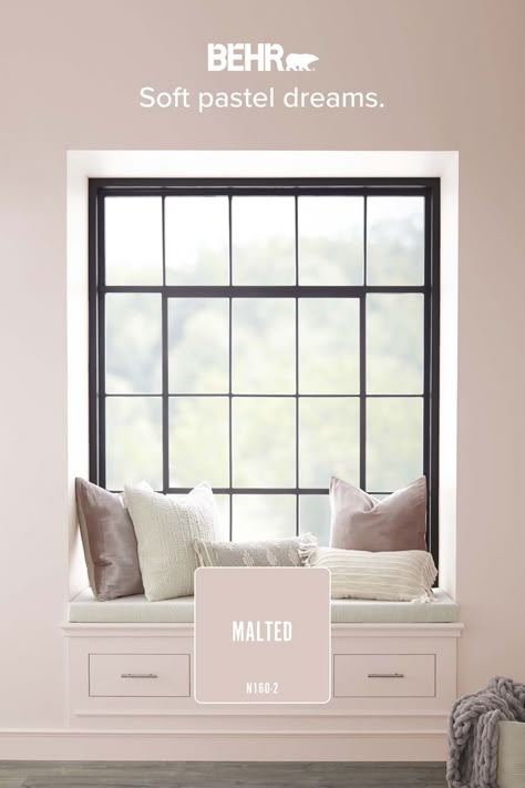 Give your home that soft, feminine touch with BEHR’s Malted N160-2 that enhances spaces with its warm glow. Mauve Paint Colors, Light Pink Paint, Modern Farmhouse Paint Colors, Pink Paint Colors, Behr Colors, Color Of The Month, Behr Paint Colors, Farmhouse Paint Colors, Farmhouse Paint