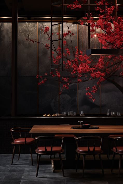 Japanese Restaurant Interior Design Wall, Dark Japanese Interior Design, Yakuza Interior Design, Chinese Restaurant Interior Design, Asian Restaurant Design, Chinese Restaurant Interior, Japanese Kitchen Design, Chinese Restaurant Design, Japanese Restaurant Interior