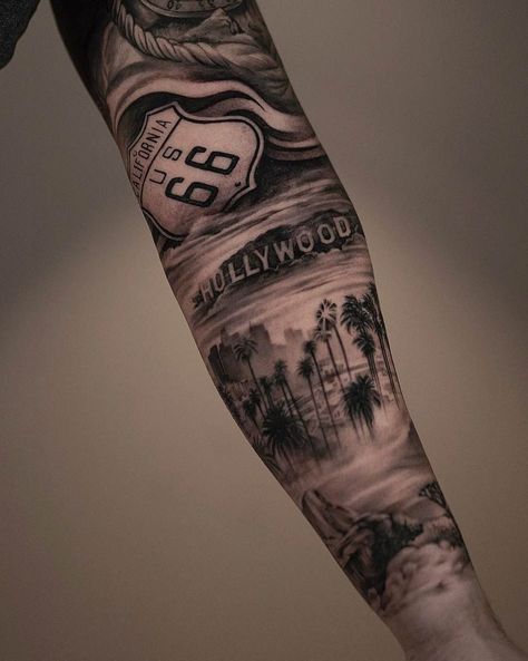 City Tattoo Ideas, Hollywood Tattoo, Tattoo On Back, Chicano Tattoos, Forarm Tattoos, City Tattoo, Forearm Sleeve Tattoos, Full Sleeve Tattoos, Hollywood Sign