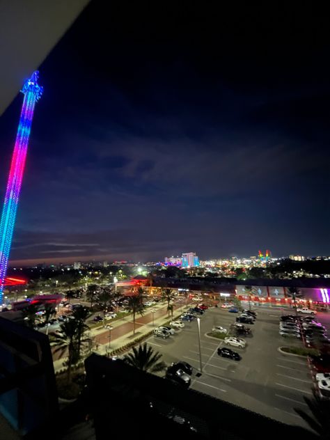 Orlando City View, Icon Park, City Lights I Drive Orlando, Downtown Orlando Aesthetic, Orlando Florida Downtown, Orlando At Night, Icon Parking, Orlando Parks, Downtown Orlando, Palm Tree City Night Aesthetic, Orlando City