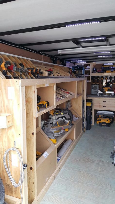 Box Truck Storage Ideas, Trailer Storage Ideas Construction, Job Site Trailer Ideas, Cargo Trailer Workshop, Enclosed Trailer Ideas Construction, Work Trailer Organization Ideas, Construction Trailer Setup, Van Storage Ideas Tools, Enclosed Trailer Cabinets