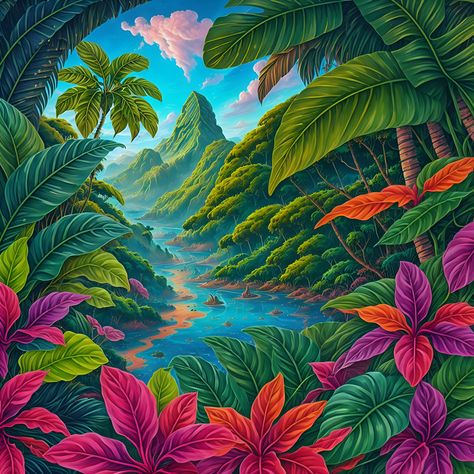 Jungle Art Tropical Landscape, Jungle Painting Acrylic Easy, Jungle Art Tropical, Jungle Volcano, Tropical Futurism, Jungle Artwork, Jungle Drawing, Exotic Paintings, Theme Jungle