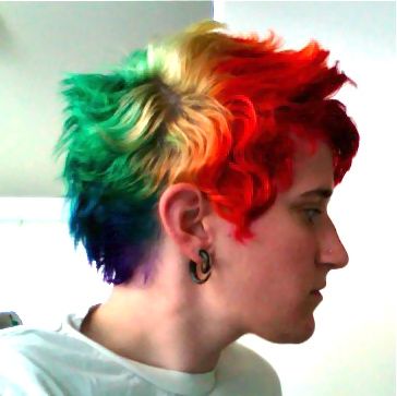 Short Rainbow Hair Men, Pride Hair Color, Short Hair Rainbow, Rainbow Mullet, Rainbow Hair Color Short, Rainbow Short Hair, Short Rainbow Hair, Hair Rainbow, Rainbow Hair Color