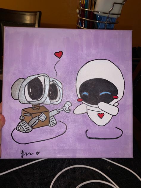 Matching Couple Paintings, Painting Ideas To Give To Boyfriend, Walle Painting, Couple Cartoon Painting Canvas, Bf Painting Ideas, Canvas Painting Ideas Couples, Couples Cartoon Painting Ideas, Boyfriend And Girlfriend Painting Ideas, Wall E Painting Canvas