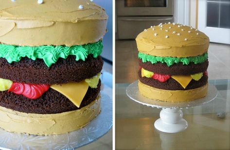 These are some great birthday cake ideas. These are some fun ideas that your kids will love. Cheeseburger Cake, Cupcake Recipes For Kids, Burger Cake, Novelty Birthday Cakes, Unique Birthday Cakes, Easy Cake Decorating, Childrens Birthday Cakes, New Cake, Cool Birthday Cakes