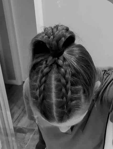 Braids Hairstyles For Volleyball, French Braid Hairstyles Into Ponytail, 2 Braids Into Ponytail Sports, 2 Braids And A Ponytail, Braided Hairstyles Ponytail Sports, Two Small Braids Into High Ponytail, Two Braids High Ponytail, High Ponytail Cheer Hairstyles, Braid Into A Ponytail Hairstyles