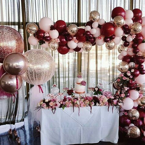 Rose gold, burgundy, pink, balloons Tulle Balloons, Sweet 17, Rustic Wedding Decorations, Rustic Party, Pink Balloons, Bridal Shower Decorations, Romantic Weddings, Balloon Garland, Simple Weddings