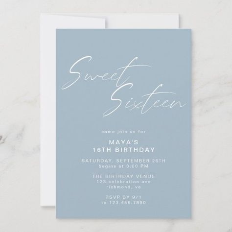 Dusty Blue Sweet Sixteen Simple Chic 16th Birthday Invitation Blue Party Themes, Blue Sweet Sixteen, Birthday Invitation Background, Sweet 16 Invites, Girl Birthday Invitations, Light Dusty Blue, 82nd Birthday, Birthday Venues