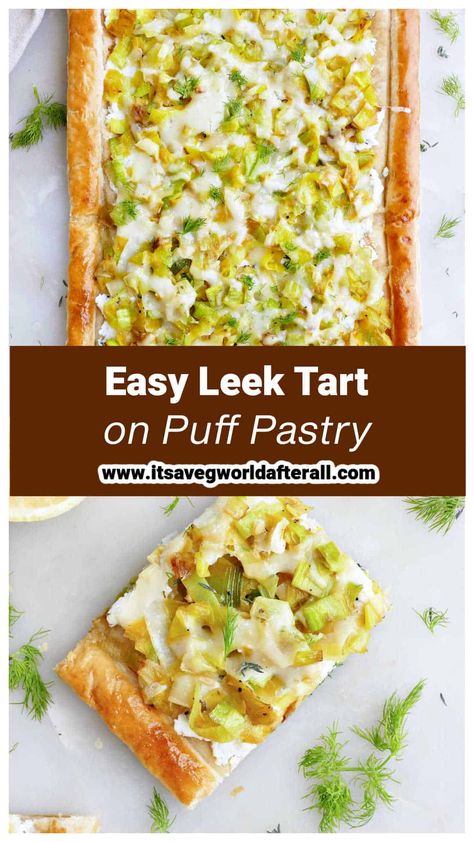 Caramelized leeks and creamy cheese make this puff pastry tart super flavorful and rich! It's a delicious vegetarian appetizer, side, or main that's easy to prepare yet elegant and impressive. Leek Pastry Recipe, Open Puff Pastry Tart, Leek And Parmesan Pastry, Leek Puff Pastry Tart, Leek Puff Pastry, Leek Tart Recipe, Veggie Puff Pastry Recipes, Leek Appetizer, Vegetarian Puff Pastry Recipes