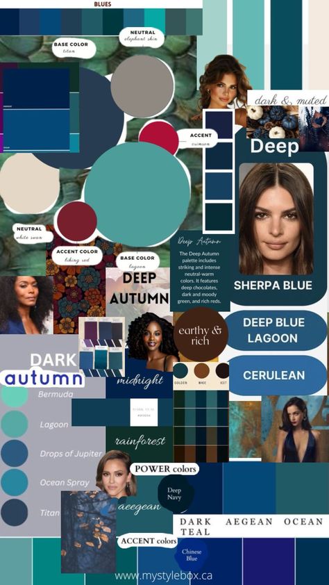 Deep Autumn Palette, Autumn Color Palette Fashion, Deep Autumn Color Palette, Autumn Skin, Deep Autumn, Dark Autumn, Blue Palette, Seasonal Color Analysis, Colors For Skin Tone