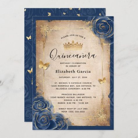 Navy Blue and Gold Royal Rose Elegant Quinceanera #navybluegoldquinceanerainvitations #elegantmisquinceanosfloral #vintagecreamivoryparchmentpaper #watercolorrosesflowersroyalcrown #quinceanerabirthdayparty15diy #handletteredcalligraphyscriptblack #butterflytiarachampagneconfetti16 #midnightprincesssweetsixteenmexican #rusticdarkglitterrosebutterflies #flowerrsvptemplatebotanicalwhite Blue Gold Quinceanera, Gold Quinceanera Invitations, Royal Blue Quinceanera, Invitations Quinceanera, Quince Invitations, Floral Tiara, Quinceanera Invitation, Quinceanera Ideas, Sweet Sixteen Invitations