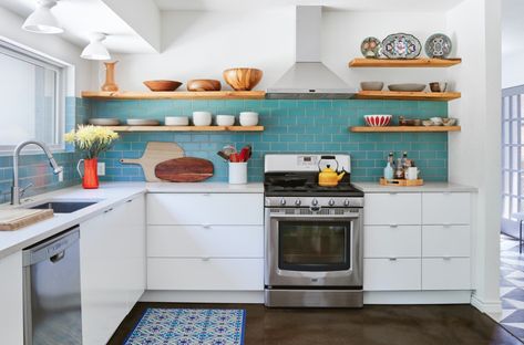 Mid Century Modern Kitchen Remodel, Mid Century Modern Kitchen Design, Teal Tile, Grey Kitchen Floor, Modern Kitchen Remodel, Modern Kitchen Ideas, Teal Kitchen, Flat Panel Cabinets, Decoration Styles