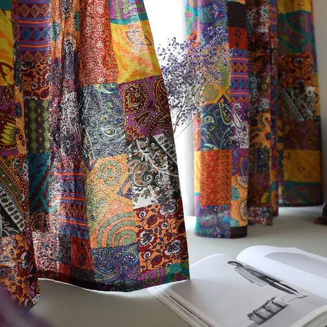 Amazon.com: JAIJY Cotton Linen Patchwork Colorful Vintage Bohemian Curtains Rod Pocket Aesthetic Window Curtain Panel Boho Drape Living Room Bedroom Decorative, 1 Panel, 55" W x 94" L, Patchwork : Home & Kitchen Rideaux Boho, Cortina Boho, Cortinas Boho, Living Room Drapes, Bohemian Curtains, Retro Room, Boho Furniture, Boho Curtains, Boho Deco