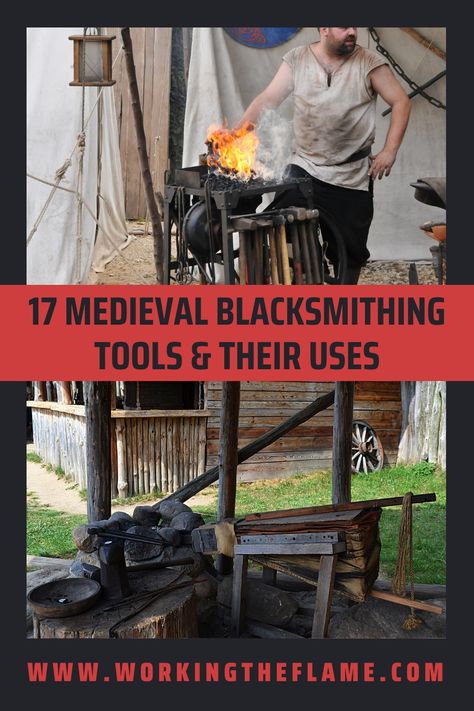 Guide to 17 medieval blacksmithing tools & what they were used for, including large and small tools such as a forge wagon & medieval bellows. Build A Forge, Forge Design, Medieval Blacksmith, Homemade Forge, Blacksmithing Tools, Smith Tools, Diy Forge, Coal Forge, Pie Iron