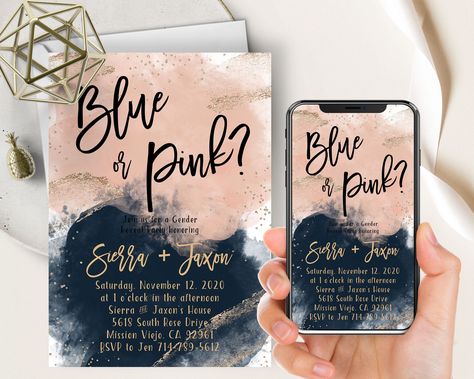 Watercolor Gender Reveal, Blue Watercolor Splash, Pink Gender Reveal, Navy Watercolor, Navy Blue Watercolor, Gender Prediction, Gender Reveal Themes, Email Invitation, Gender Reveal Party Decorations