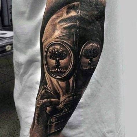 30 Mushroom Cloud Tattoo Designs For Men - Atomic Ink Ideas Apocalypse Tattoo, Gas Mask Tattoo, Cloud Tattoo Design, Hyper Realistic Tattoo, Gas Mask Art, Shape Tattoo, Cloud Tattoo, Mask Tattoo, 3d Tattoos