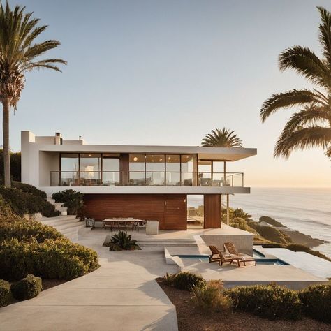 Glass Beach House Exterior, Modern House Sea View, Sea House Architecture, Modern Contemporary Beach House, White Modern Beach House Exterior, Beach House Contemporary, Modern House By The Sea, Modern Seaside House, Modern House By The Beach