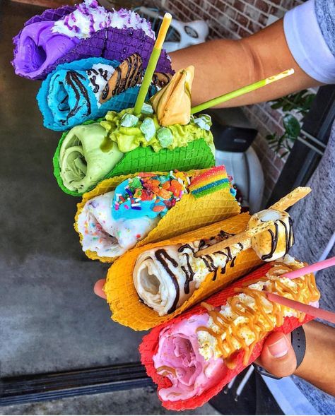 Taco Ice Cream, Rainbow Tacos, Ice Cream Tacos, Cream Tacos, Ice Cream Taco, Dessert Taco, Rainbow Ice Cream, Baking Videos, Buttercream Cupcakes