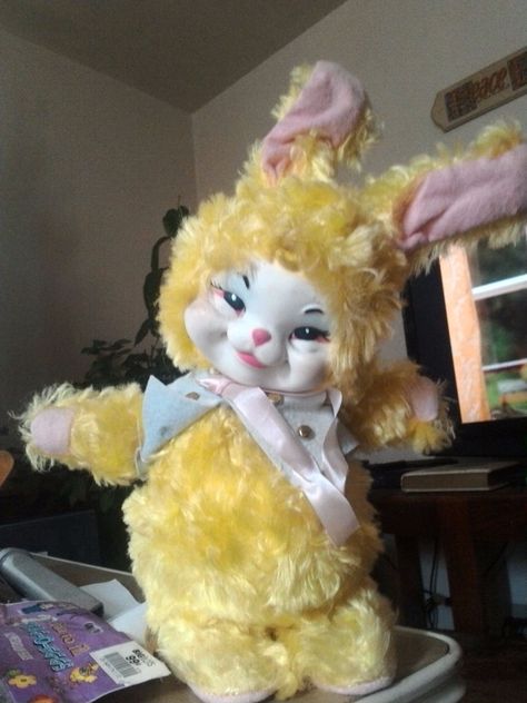 Rushton Dolls, Vintage Plushies, Rushton Toys, Yellow Rabbit, Creepy Stuffed Animals, Easter Dolls, Rubber Face, Vintage Rabbit, Vintage Bunny