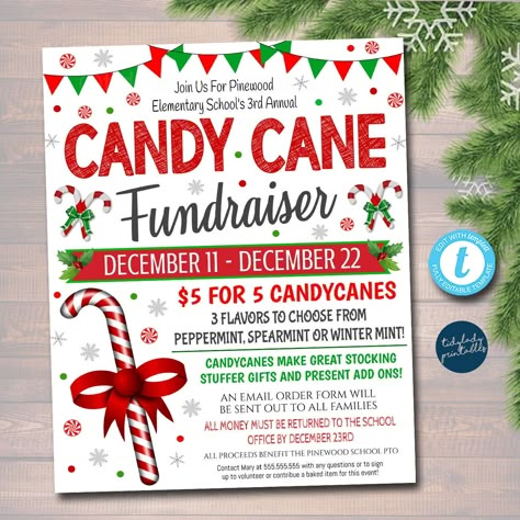 "HOLIDAY Candycane Fundraiser Flyer Awesome and ADORABLE, this Christmas candy cane flyer features cute and festive holiday graphics. Get the your Xmas winter candy cane fundraiser event started right... this printable invite flyer will set the mood right away! NEED THE CANDY CANE GRAM ORDER FORM? FIND IT HERE: https://www.etsy.com/listing/1131308985/christmas-candy-cane-gram-flyer-holiday?ref=shop_home_active_1 This is a invite/printable flyer/poster that is simple to use. Printable invitations Christmas Themed Fundraiser Ideas, Candy Cane Fundraiser, Christmas Grams Fundraiser, Pto Fundraising Ideas Christmas, Christmas Pto Fundraisers, Pta Fundraising, School Pto, Fundraiser Flyer, Holiday Graphics