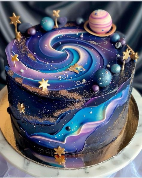 Space Cake Recipe, Birthday Cake Galaxy Theme, Starry Birthday Cake, Nasa Cake Ideas, Alien Cake Ideas, Galaxy Cake Birthday, Galaxy Cake Ideas, Alien Birthday Cake, Galaxy Party Ideas