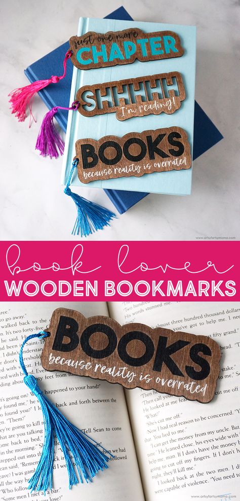 Book Lover Engraved Wooden Bookmarks | artsy-fartsy mama Wood Bookmarks Cricut, Acrylic Bookmark Svg Free, Unique Laser Engraving Ideas, Wooden Bookmarks Diy, Laser Machine Projects, Book Lover Crafts, Artsy Bookmarks, Laser Bookmark, Cricut Buisness