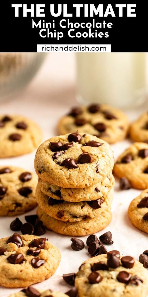 These mini chocolate chip cookies are packed with rich, gooey chocolate chips, and have a chewy middle and crispy edges. Tiny Chocolate Chip Cookies, Chunky Chewy Chocolate Chip Cookies, Crunchy Mini Chocolate Chip Cookies, Chunky Cookies Chocolate Chips, Flat Crunchy Chocolate Chip Cookies, Holiday Recipes Christmas Desserts, Coffee Cake Cookies, Simple Chocolate Chip Cookie Recipe, Crispy Chocolate Chip Cookies