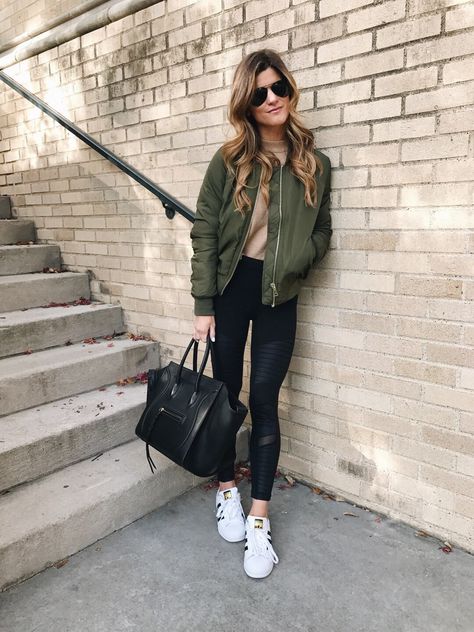 athleisure look, moto alo leggings, allstar adidas sneakers, topshop olive bomber jacket, casual ootd, céline purse Outfits With Jordan 1s Fashion Styles, Jordan Shoe, Look Legging, Casual Chic Outfits, 30 Outfits, Athleisure Trend, Pastel Outfit, Jordan 1s, Shoe Nike