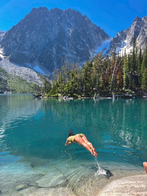 Swimming At The Lake, Lake Vision Board, Swimming In Nature, Swimming Outdoors, Lake In The Mountains, Colchuck Lake, Swimming In A Lake, Lake Swimming Aesthetic, Diving Aesthetic