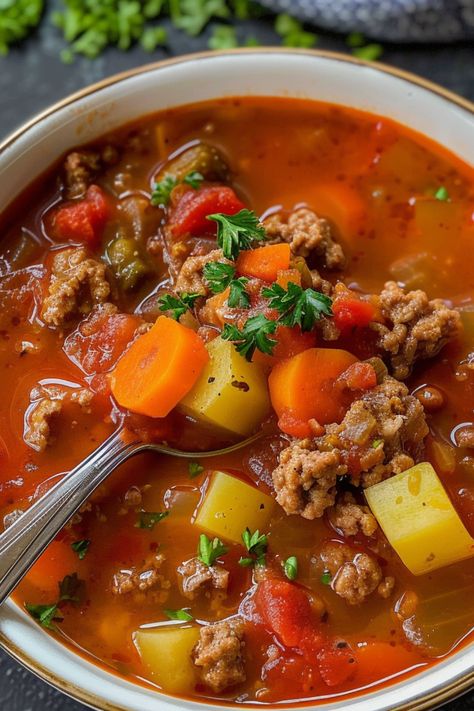 Discover the ultimate hamburger soup recipe, a creamy, easy stew packed with ground beef and vegetables. A delicious blend of meat and veggie flavors, perfect for any meal. You can prepare hamburger soup in a Crock Pot, instant pot, slow cooker, pressure cooker, or stove top. Explore this hamburger soup recipe and more soup recipes at simplycalledfood.com. Minced Meat Soup, Fall Soup Recipes Ground Beef, Meat Soup Recipes, Ground Meat Soup, Hamburger Soup Recipes, Instant Pot Recipes Soup, Soups With Ground Beef, Soup In A Crock Pot, Soup Ground Beef