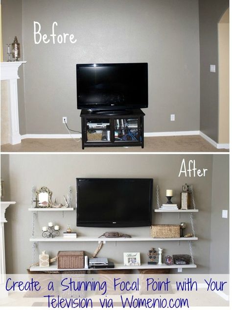 Living Room Decor – Create a Stunning Focal Point with Your Television. My Tv wall is so boring. right next to my brick fireplace...what to do... I like the open shelving. Tv Holder, Diy Home Decor For Apartments, Decor Eclectic, Decor Ikea, Home Upgrades, Living Room Diy, A Living Room, Design Case, Small Living