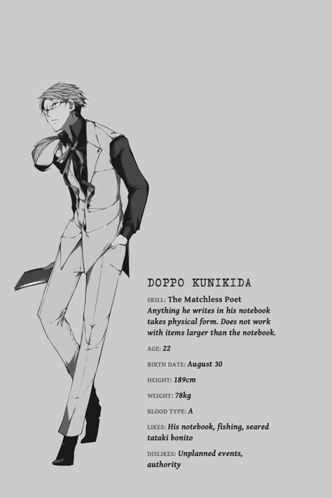 Doppo Kunikida, Kunikida Doppo, Dog Doctor, Nakajima Atsushi, Bungou Stray Dogs Characters, Dog Info, Character Profile, Dazai Osamu, Bongou Stray Dogs