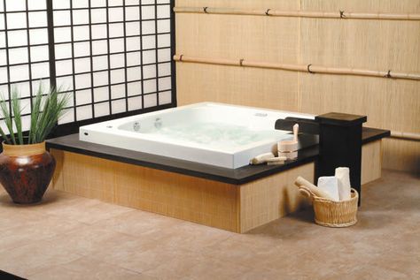 Modern Japanese Bathroom, Japanese Soaking Tub Shower Combo, Japanese Inspired Bathroom, Japanese Bathrooms, Square Bathtub, Japanese Bathroom Design, Japanese Bathtub, Japanese Style Bathroom, Big Bathtub