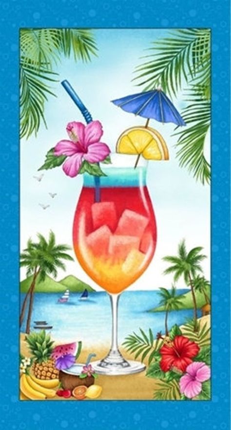 Greetings From - Tropical Cocktail Island  Panel  - Refreshing  Use in quilting , wall hanging  pillows. Great for decor for entertaining,  family room,  kitchen. patio,   Panel size 24x44. Bright Prints, Red Cocktails, Tropical Punch, Tropical Drink, Michael Miller Fabric, Tropical Landscaping, Tickled Pink, Fabric Yardage, Michael Miller