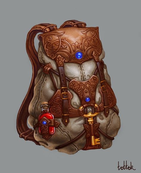 My characters generally do a lot of traveling - Travel backpack, Natali Kalashnikova on ArtStation at https://www.artstation.com/artwork/V1QK5 Props Concept, Heroic Fantasy, Fantasy Props, Game Props, 카드 디자인, Prop Design, Arte Fantasy, Fantasy Rpg, 판타지 아트