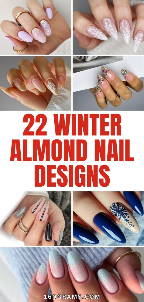 Save this pin for gorgeous winter nail inspiration! Transform into a Snow Queen with these stunning almond nail designs. #WinterNails #AlmondNails #SnowQueenInspo #FashionBlog Wi Ter Nails, Winter Almond Nail Designs, Winter Nail Ideas Almond Shape, Winter French Tip Nails Almond, Winter Almond Shaped Nails, Gnome Winter Nails, Almond Nails Ideas Winter, Glam Winter Nails, Winter Nail Inspo Almond