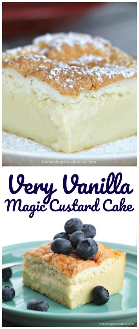 Very Vanilla Magic Custard Cake -Here's a wonderful dessert that will make you swoon with each lovely, vanilla bite! The cake I'm raving about is Very Vanilla Magic Custard Cake. It is creamy, yet cake-like and it literally makes your taste-buds do the happy dance and sing. Magic Custard Cake Recipe, Vanilla Magic Custard Cake, Dense Cake, Magic Custard Cake, Vanilla Filling, Custard Cake, Magic Cake, Layered Cake, Halloween Desserts